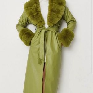 ISO - Missguided Carli Bybel green leather faux fur trim trench coat